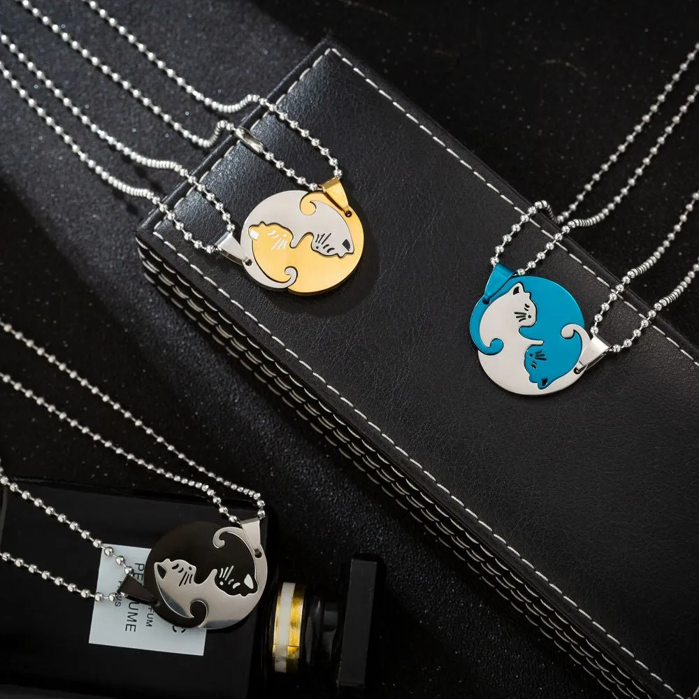 1 Set Couple Charm Cat Pendant Necklace Women Men Stainless Steel Girl Gift Jewelry Blue Cololr