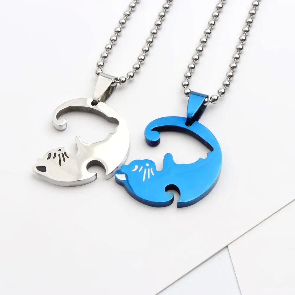 1 Set Couple Charm Cat Pendant Necklace Women Men Stainless Steel Girl Gift Jewelry Blue Cololr