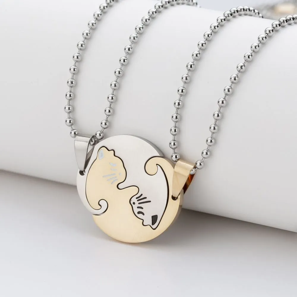 1 Set Couple Charm Cat Pendant Necklace Women Men Stainless Steel Girl Gift Jewelry Blue Cololr