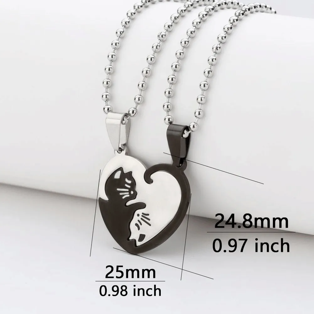 1 Set Couple Charm Cat Pendant Necklace Women Men Stainless Steel Girl Gift Jewelry Blue Cololr