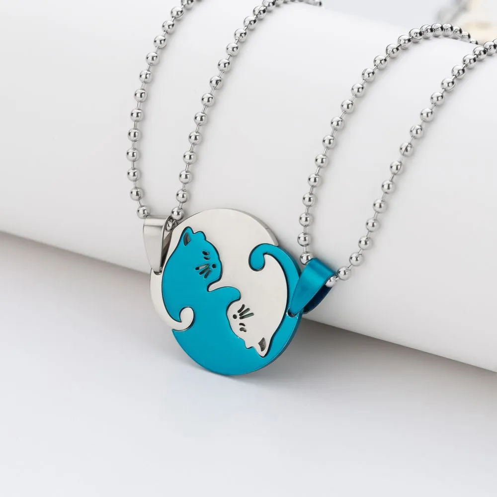 1 Set Couple Charm Cat Pendant Necklace Women Men Stainless Steel Girl Gift Jewelry Blue Cololr