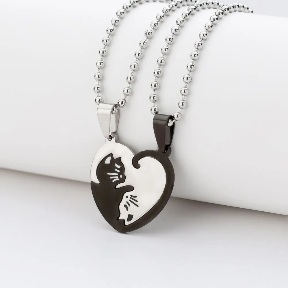 1 Set Couple Charm Cat Pendant Necklace Women Men Stainless Steel Girl Gift Jewelry Blue Cololr