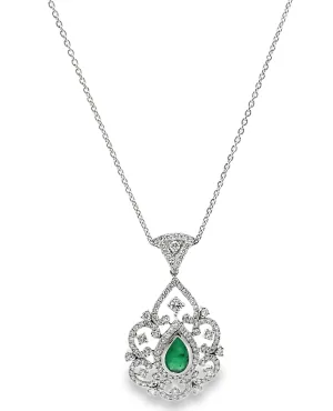 14K White Gold Modern Vintage Inspired Emerald & Diamond Pendant Necklace