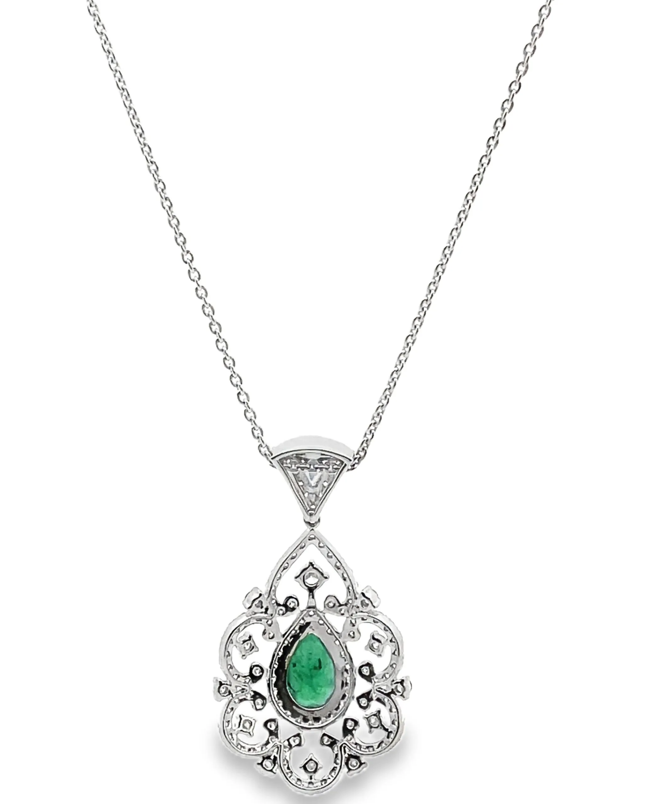 14K White Gold Modern Vintage Inspired Emerald & Diamond Pendant Necklace