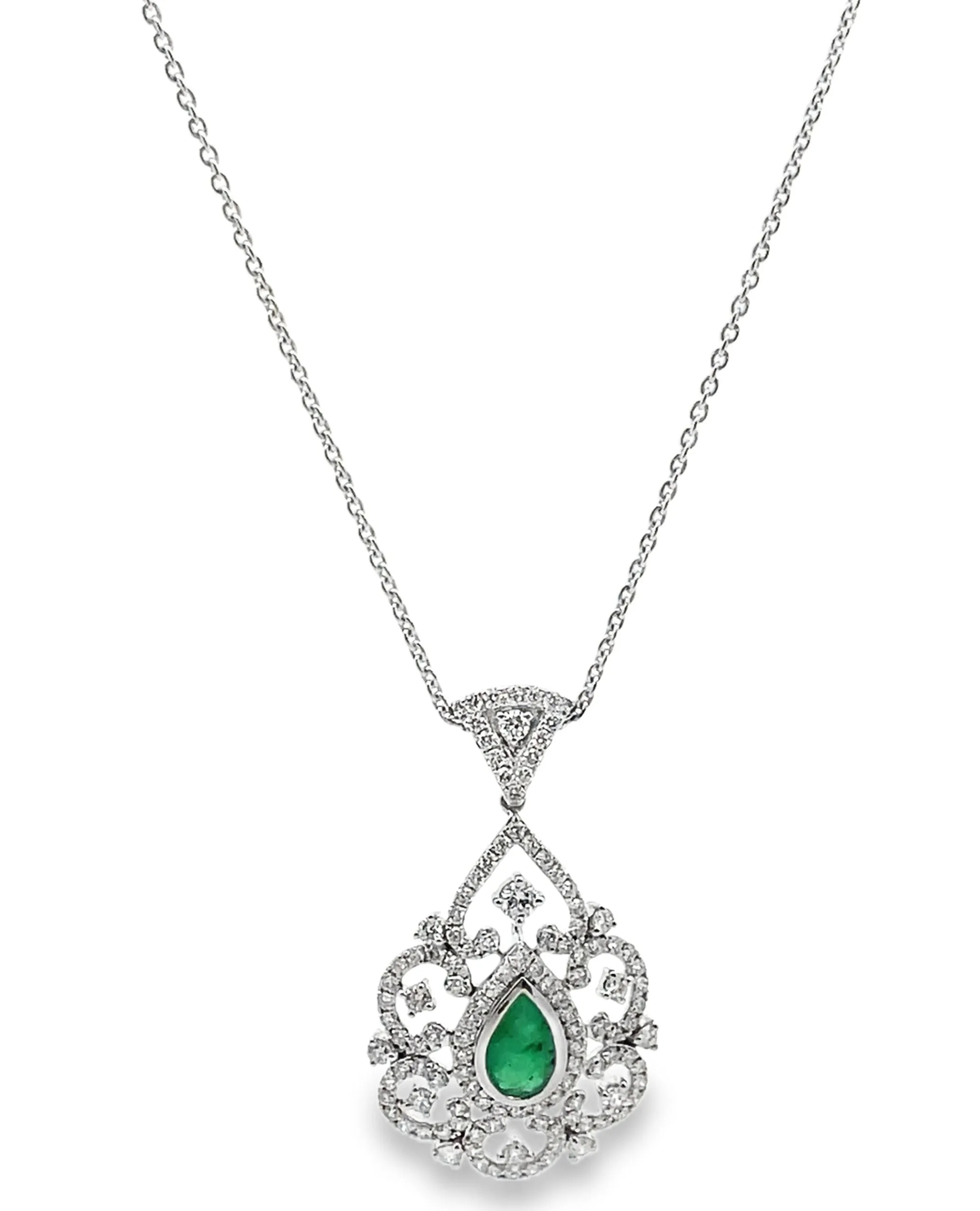 14K White Gold Modern Vintage Inspired Emerald & Diamond Pendant Necklace