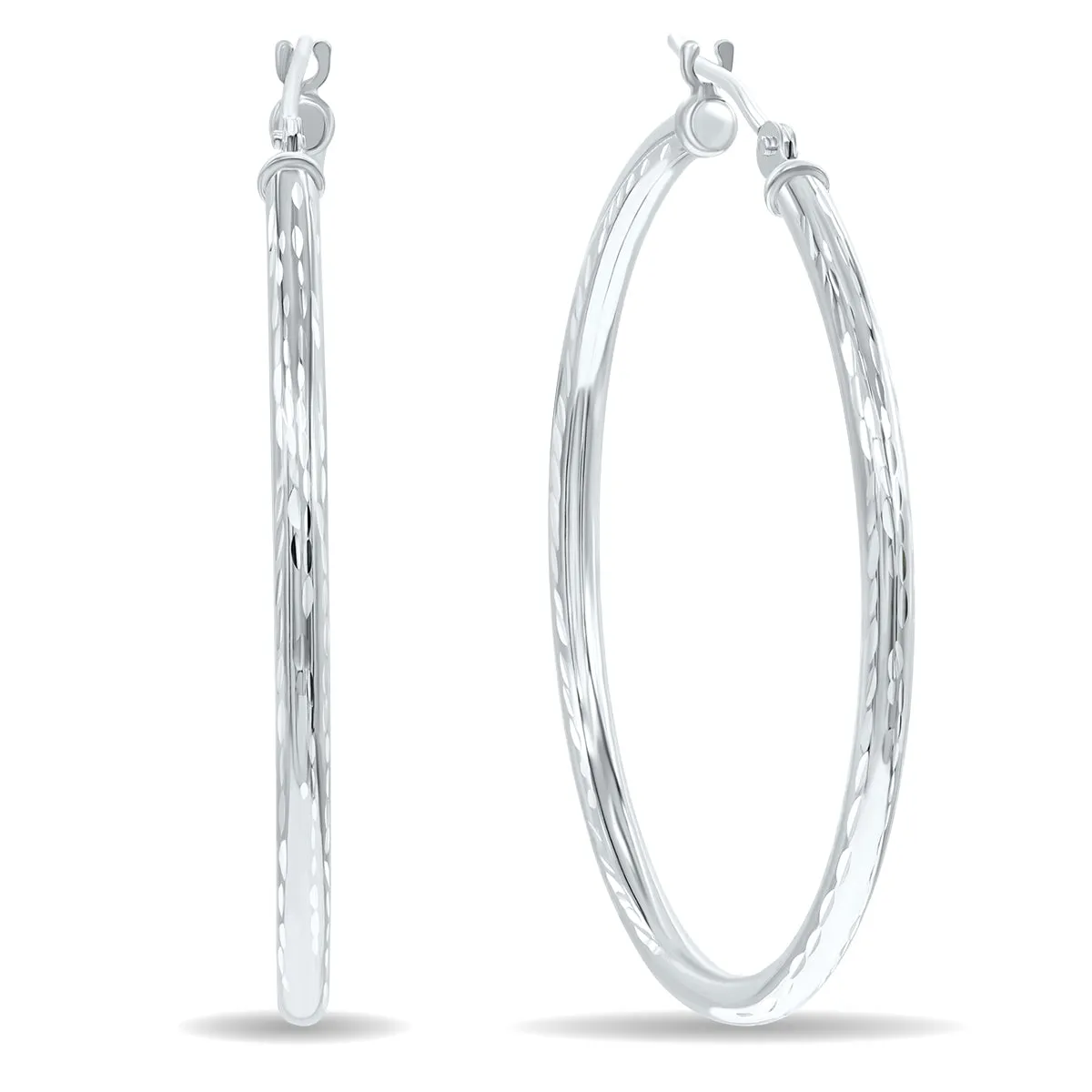 14K White Gold Shiny Diamond Cut Engraved Hoop Earrings (35Mm)