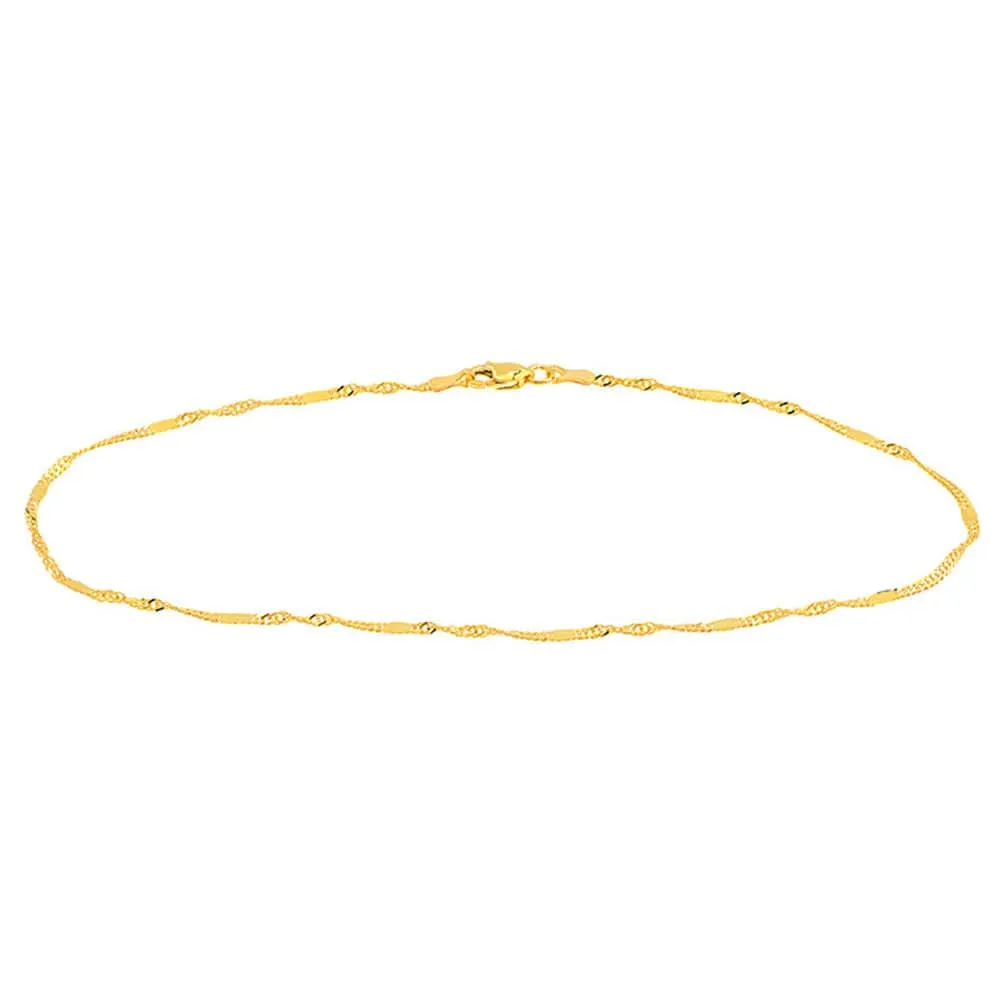 14K Yellow Gold 1.75mm Singapore Flat Saturn Chain Anklet with Lobster Clasp, 10"