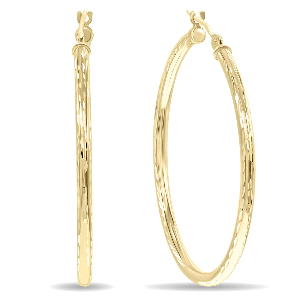 14K Yellow Gold Shiny Diamond Cut Engraved Hoop Earrings (35Mm)