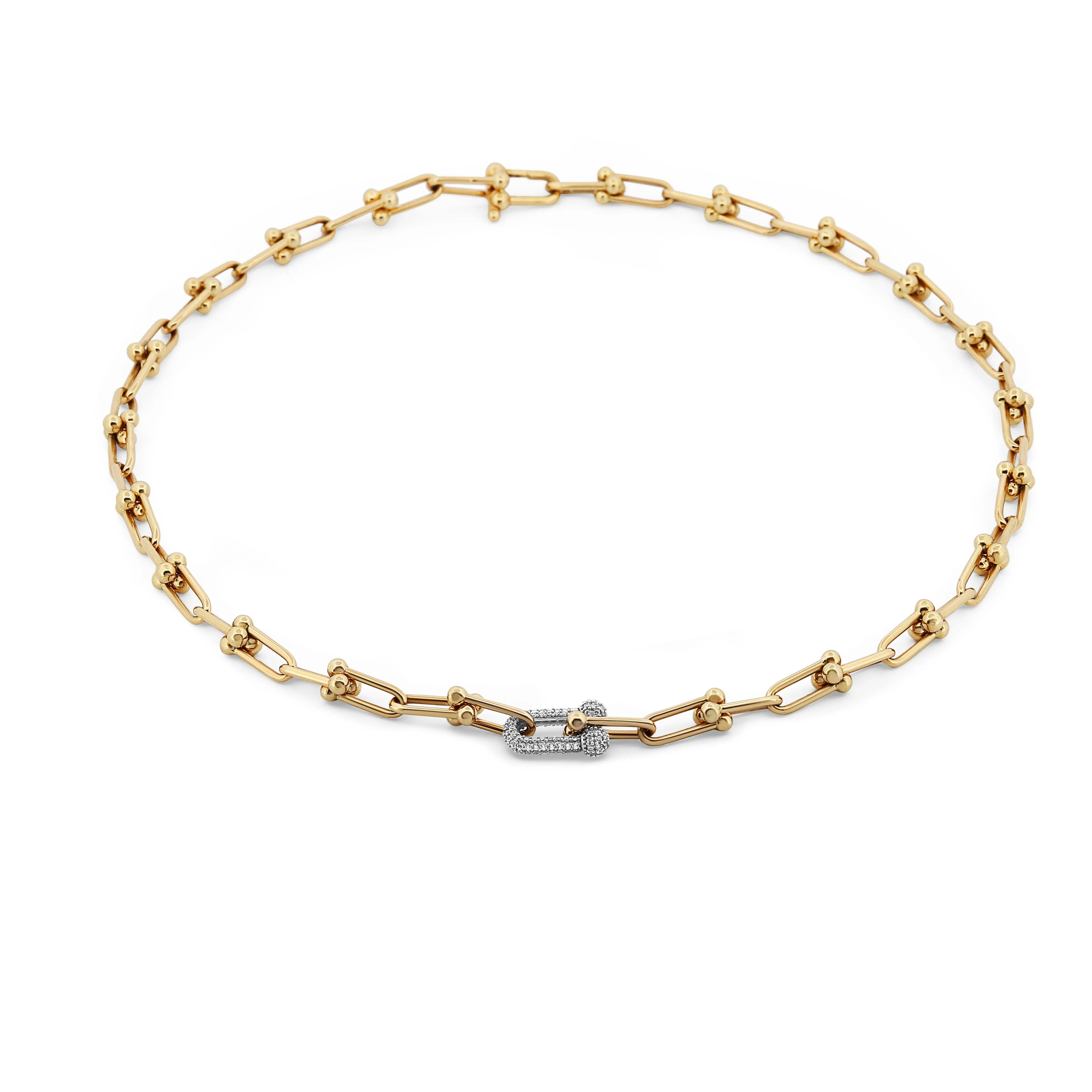 18K Yellow Gold Fancy Hardware Link Chain Necklace with CZ