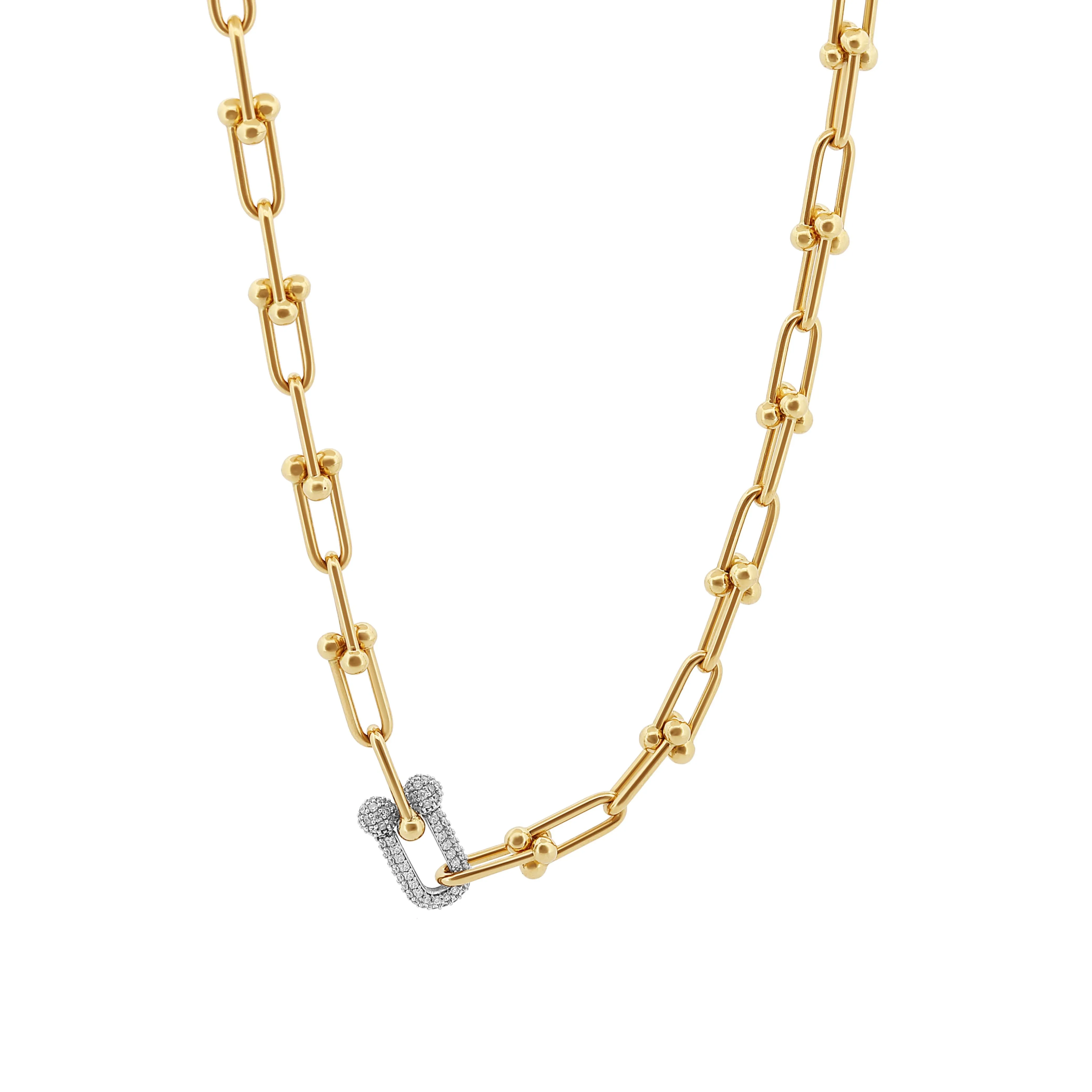 18K Yellow Gold Fancy Hardware Link Chain Necklace with CZ