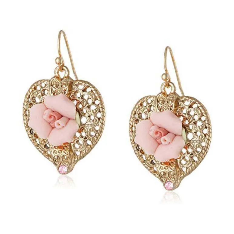 1928 Bridal Pink Crystal And Porcelain Rose Filigree Heart Earrings