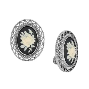 1928 Jewelry Black & Ivory Flower Cameo Hearts Clip On Earrings