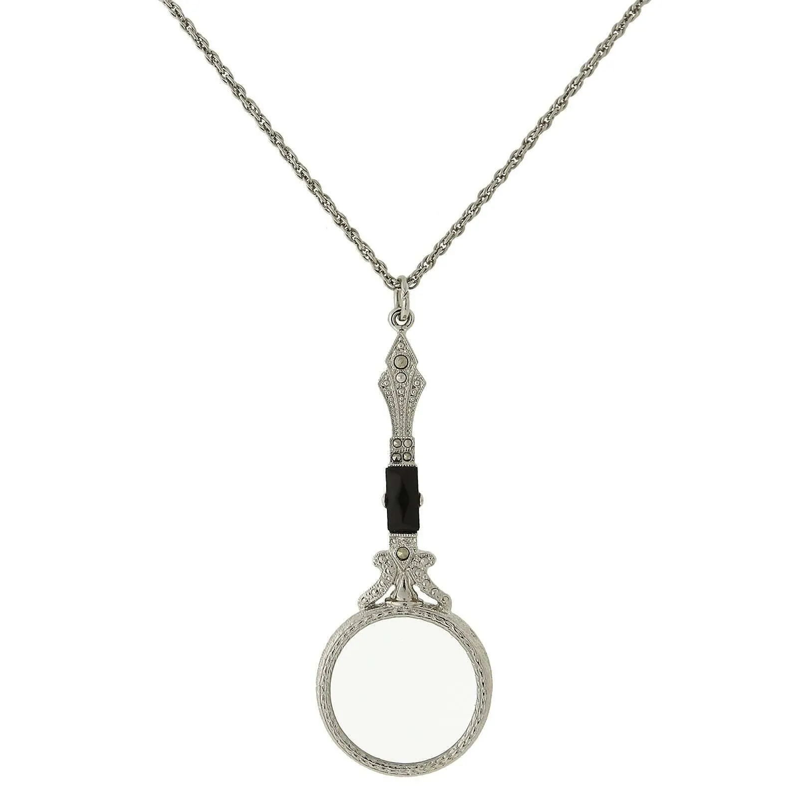 1928 Jewelry Deco Marcasite Baguette Stone Round Magnifying Glass Necklace 28" - Magnification Power: 6-7X