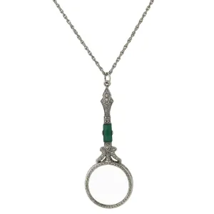 1928 Jewelry Deco Marcasite Baguette Stone Round Magnifying Glass Necklace 28" - Magnification Power: 6-7X