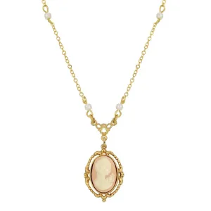 1928 Jewelry Light Pink Oval Cameo Faux Pearl Pendant Necklace 16"   3" Extender