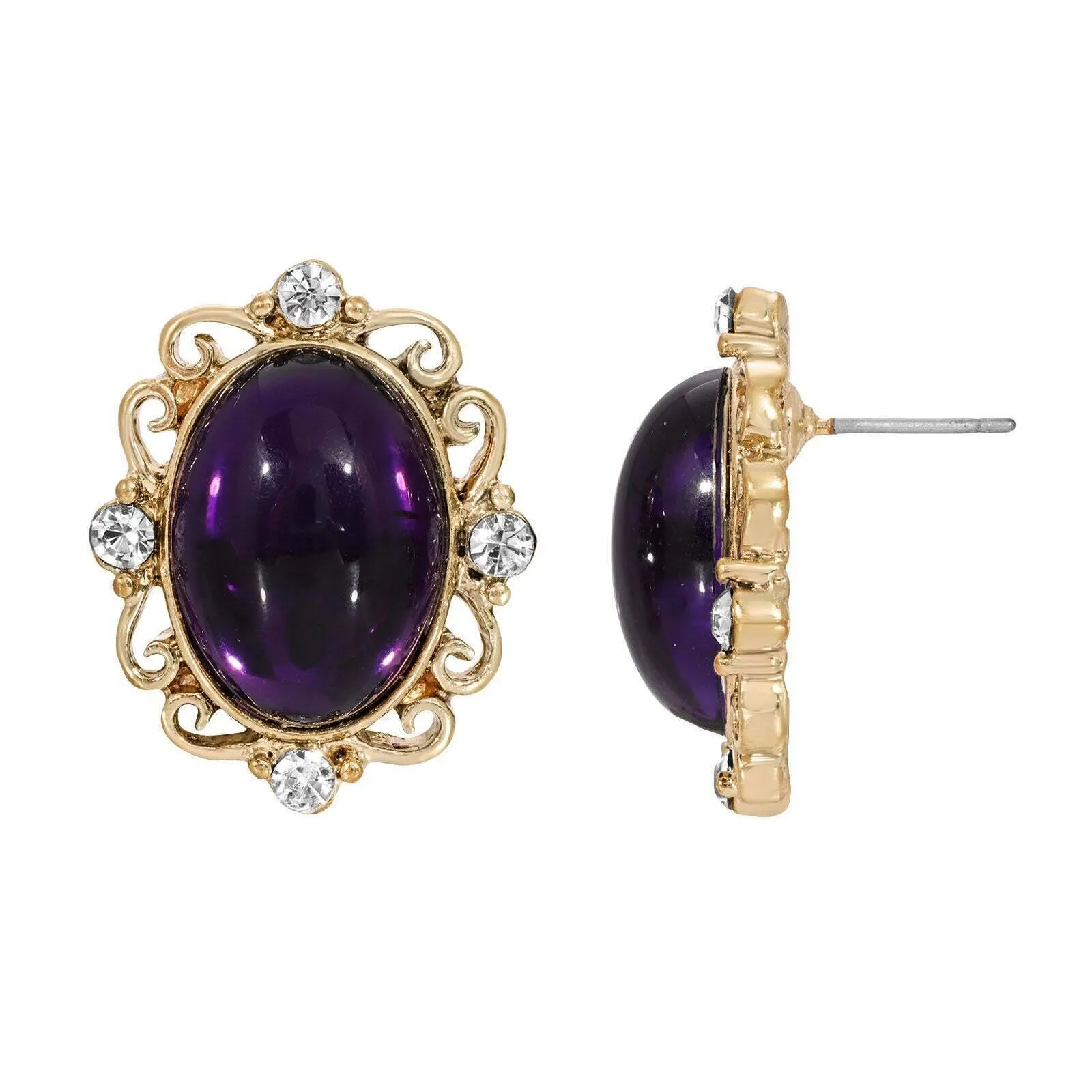 1928 Jewelry Oval Amethyst Purple Stone Crystal Button Earrings