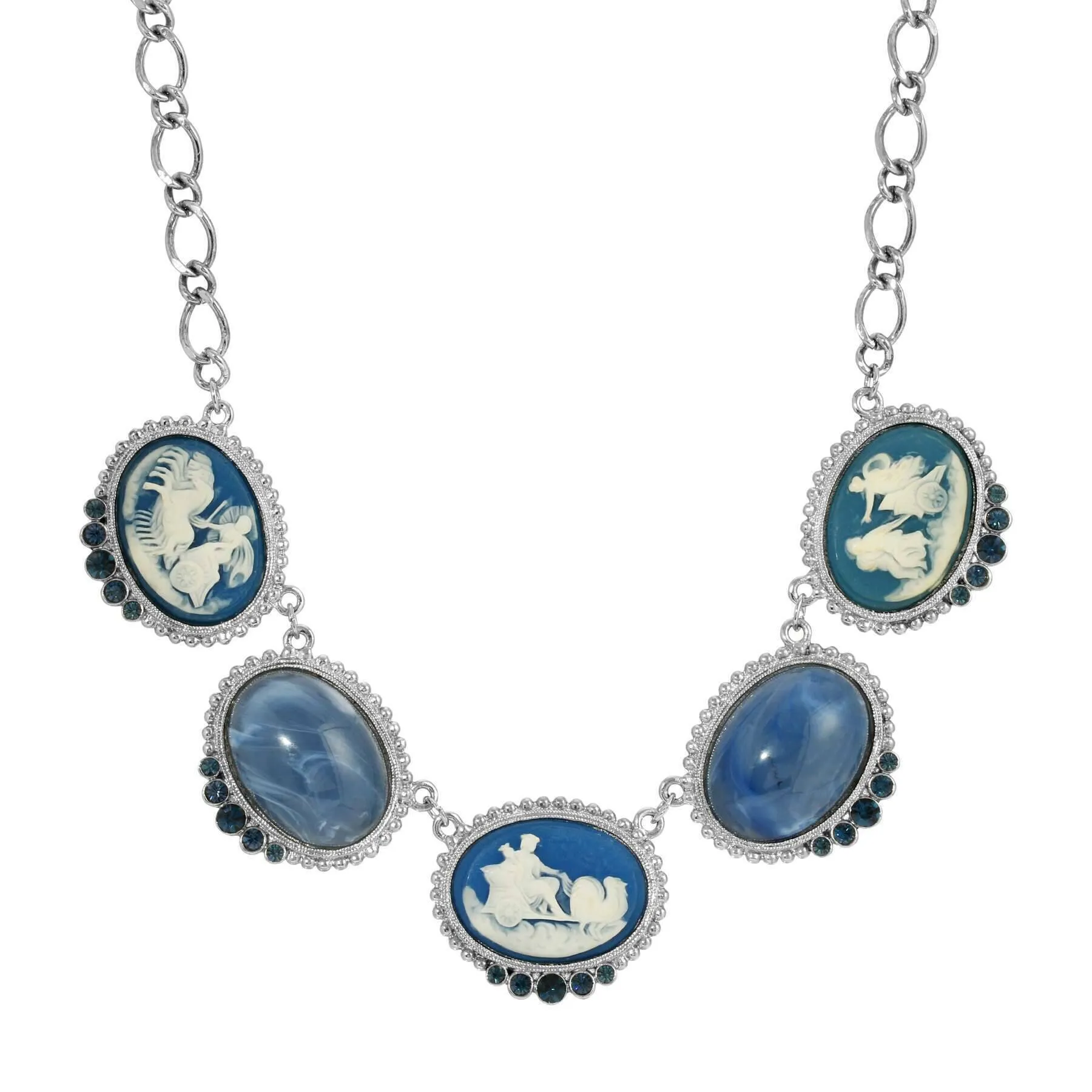 1928 Jewelry Roman Chariot Races Cameo Blue Stone Chain Necklace 16"   3" Extender