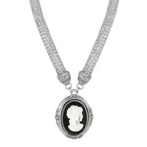 1928 Jewelry Signature Black Glass White Frost Cameo Pendant Mesh Tube Chain Necklace 18"