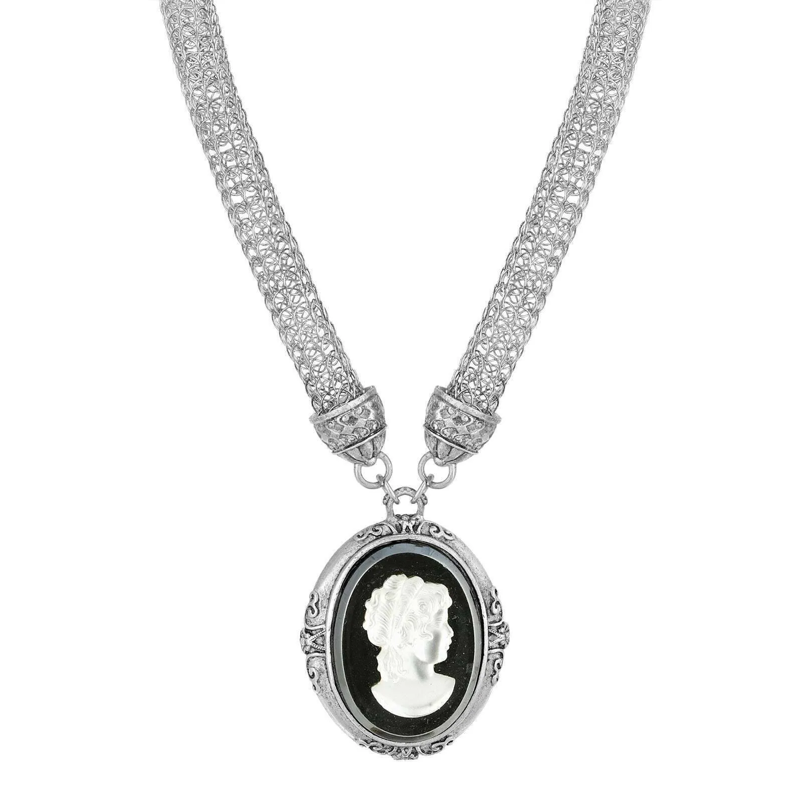 1928 Jewelry Signature Black Glass White Frost Cameo Pendant Mesh Tube Chain Necklace 18"