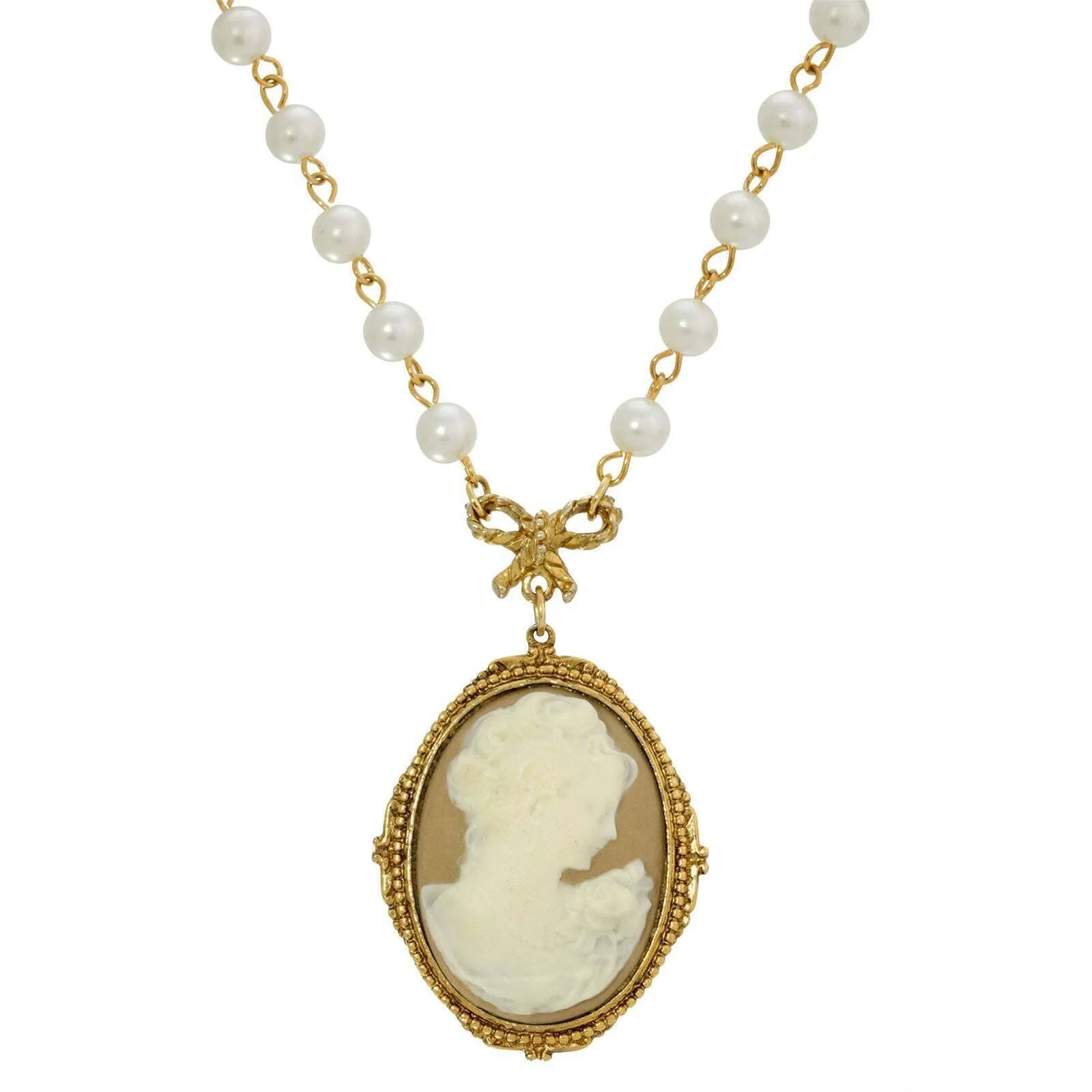 1928 Jewelry Taupe Cameo White Round 6mm Faux Pearl Strand Pendant Necklace 16"   3" Extender