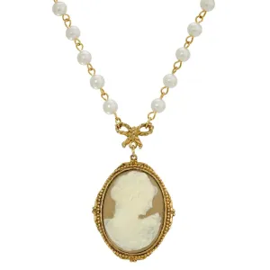 1928 Jewelry Taupe Cameo White Round 6mm Faux Pearl Strand Pendant Necklace 16"   3" Extender