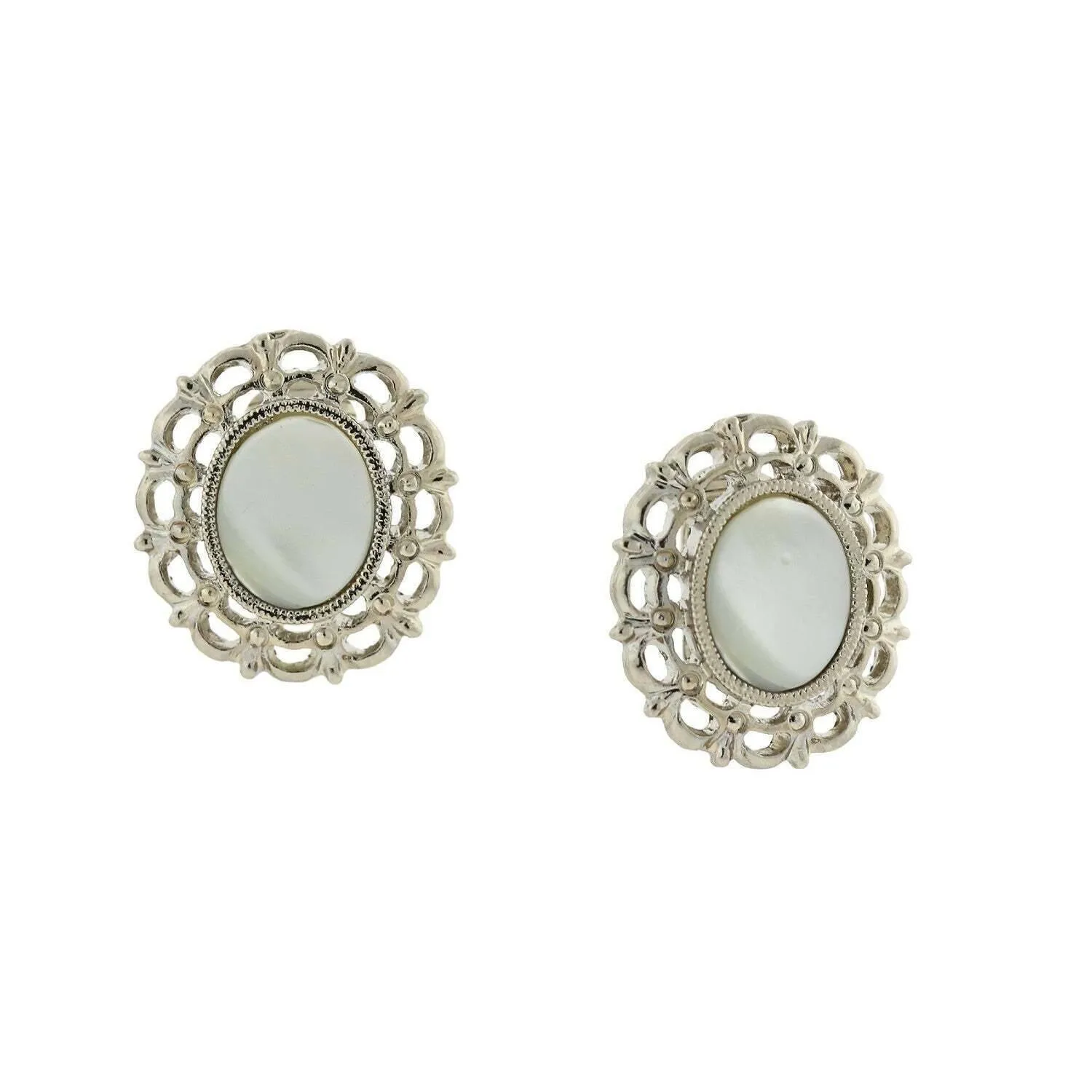 1928 Jewelry White Stone Oval Filigree Button Clip On Earrings