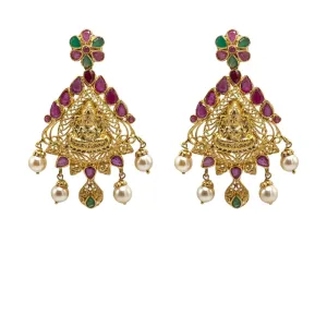 22K Yellow Gold Earrings W/ Rubies, Emeralds, Pearls & Engraved Laxmi Pendant