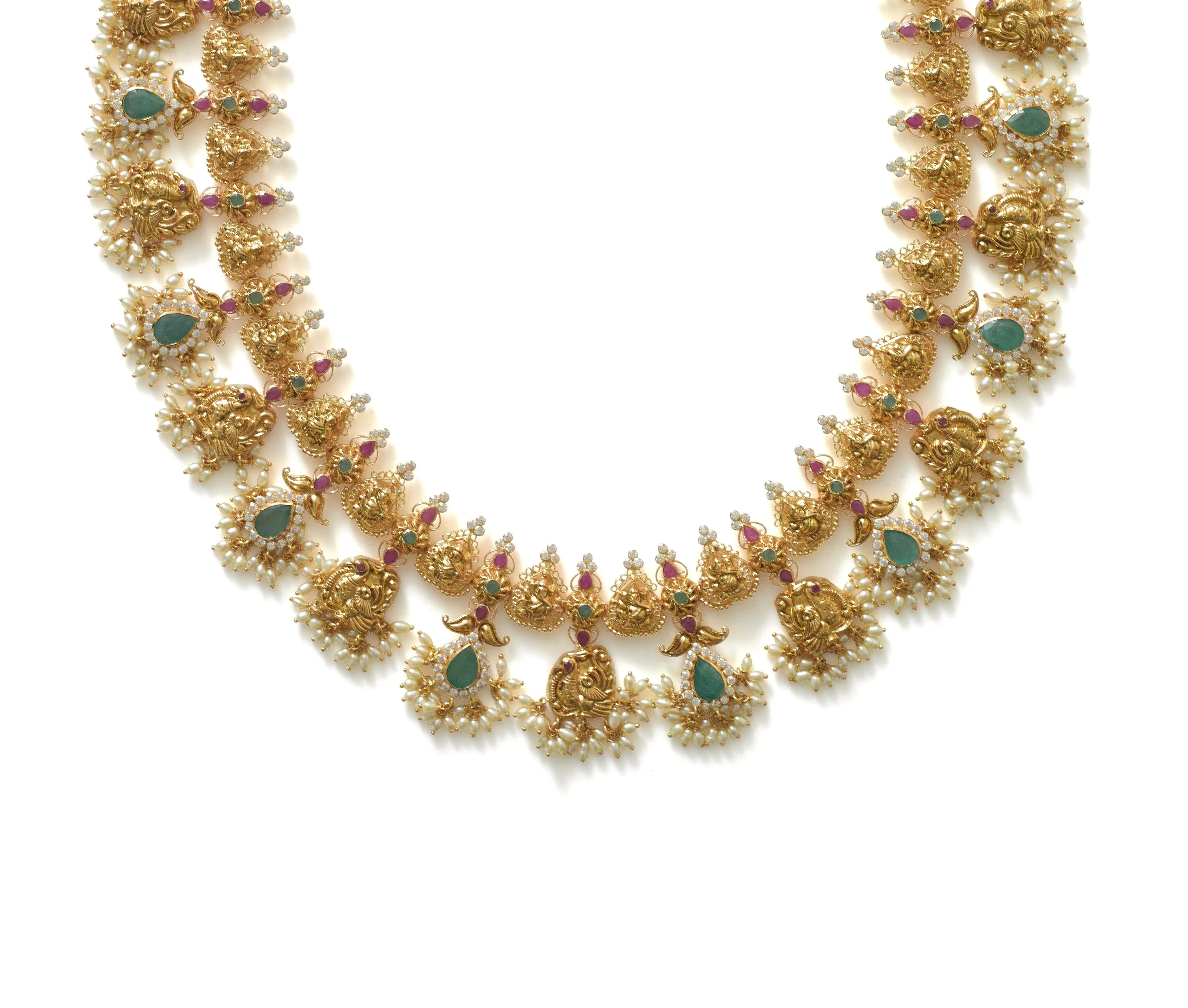 22K Yellow Gold Guttapusalu Necklace & Earrings Set W/ Pearls, Rubies, Emeralds, CZ Polki & Lord Ganesh Accents