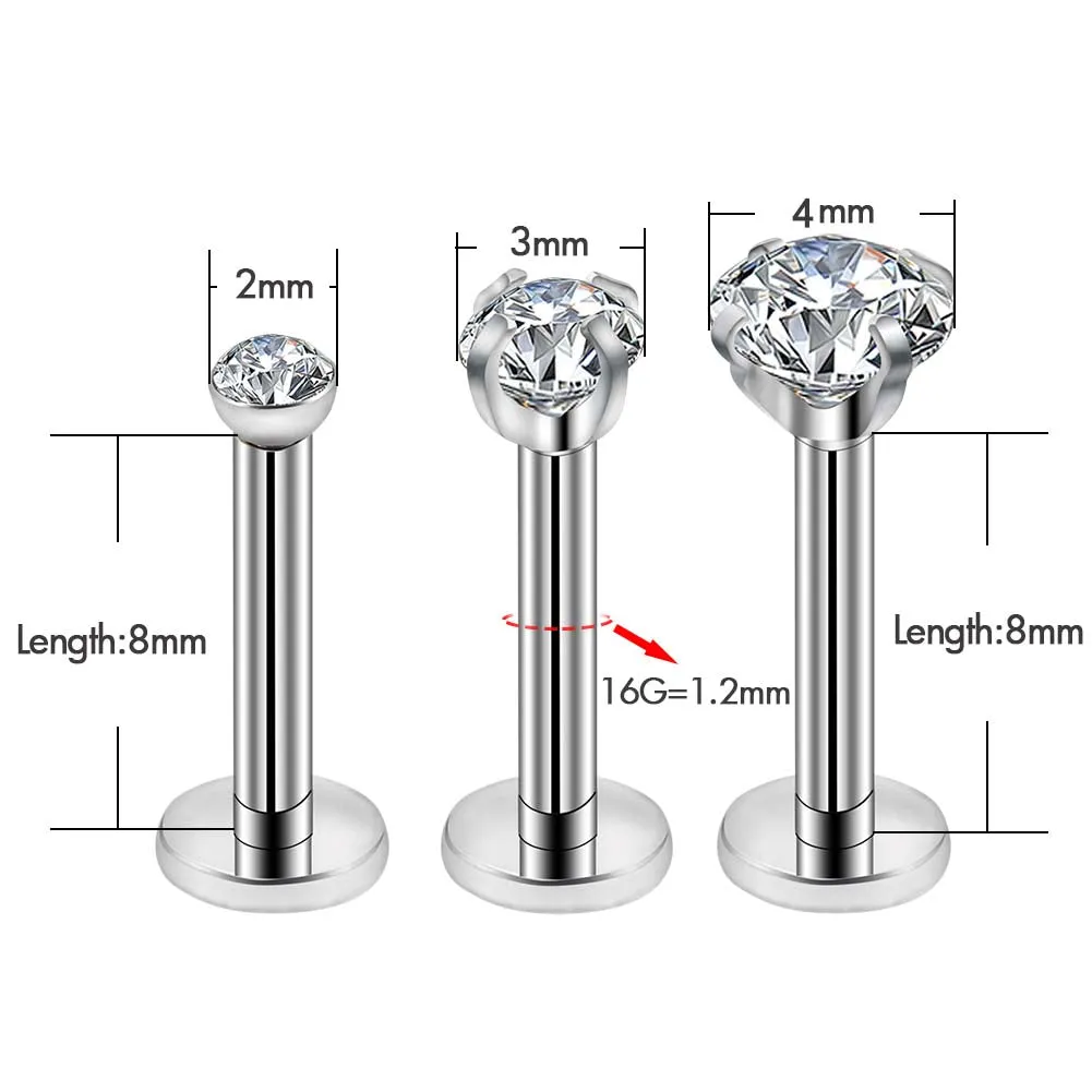 3Pcs 16G Crystal CZ Labret/Monroe Stud Internally Threaded Helix Studs