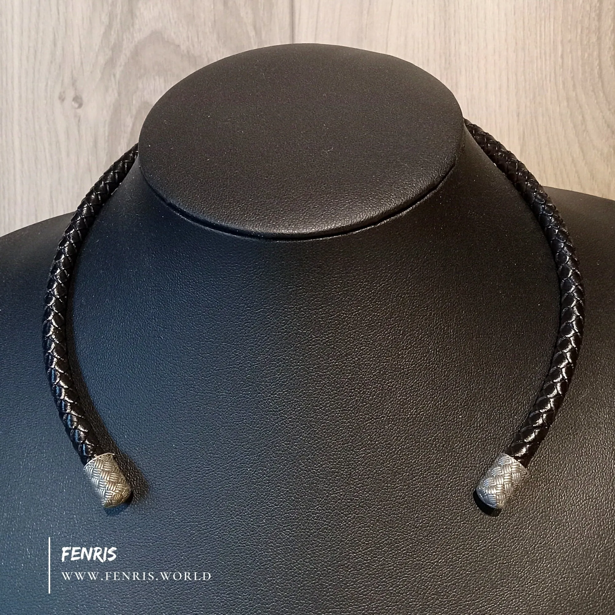 925 Silver Torc Black Leather Necklace