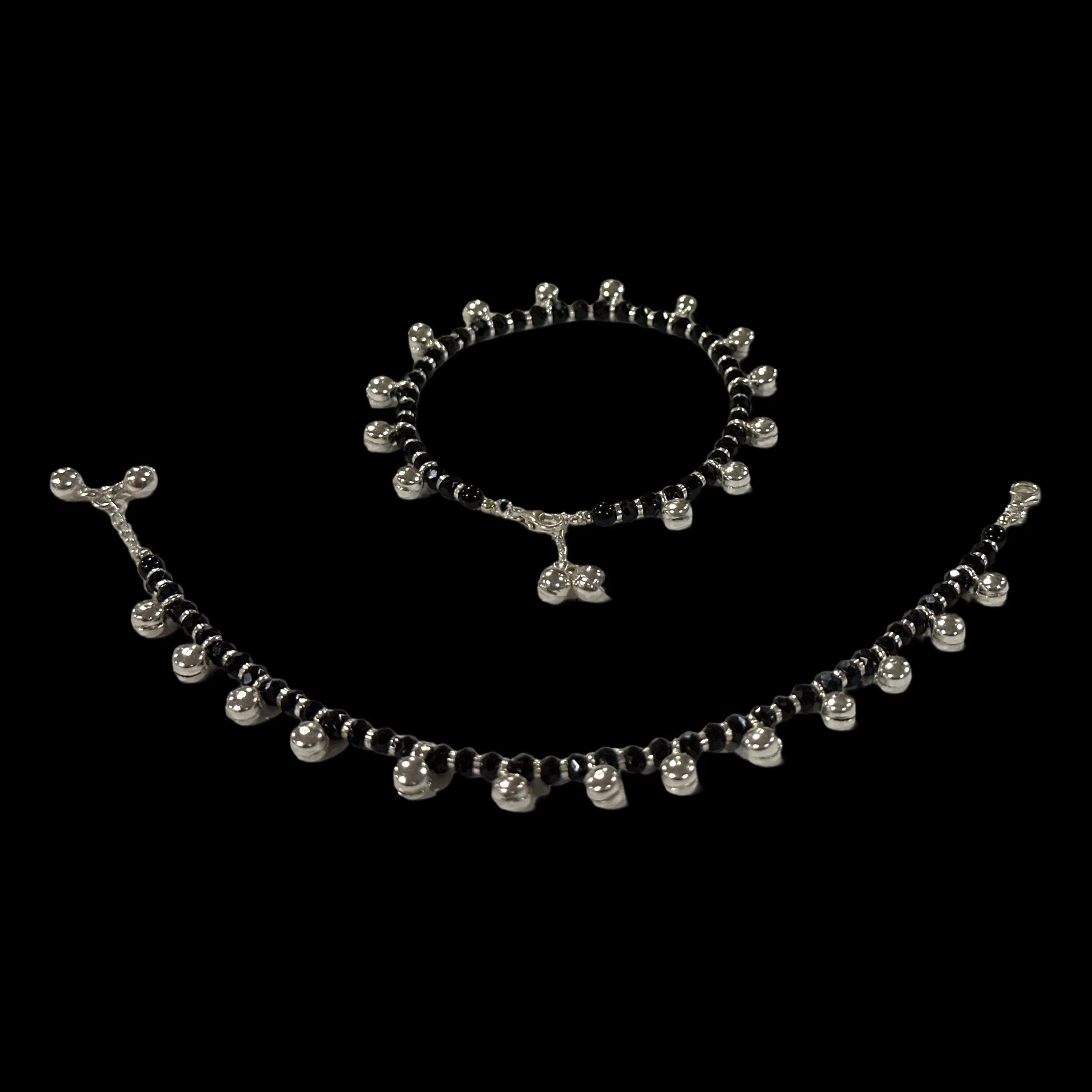 925 Sterling Silver Black Beads Najariya Anklet  - Style#04