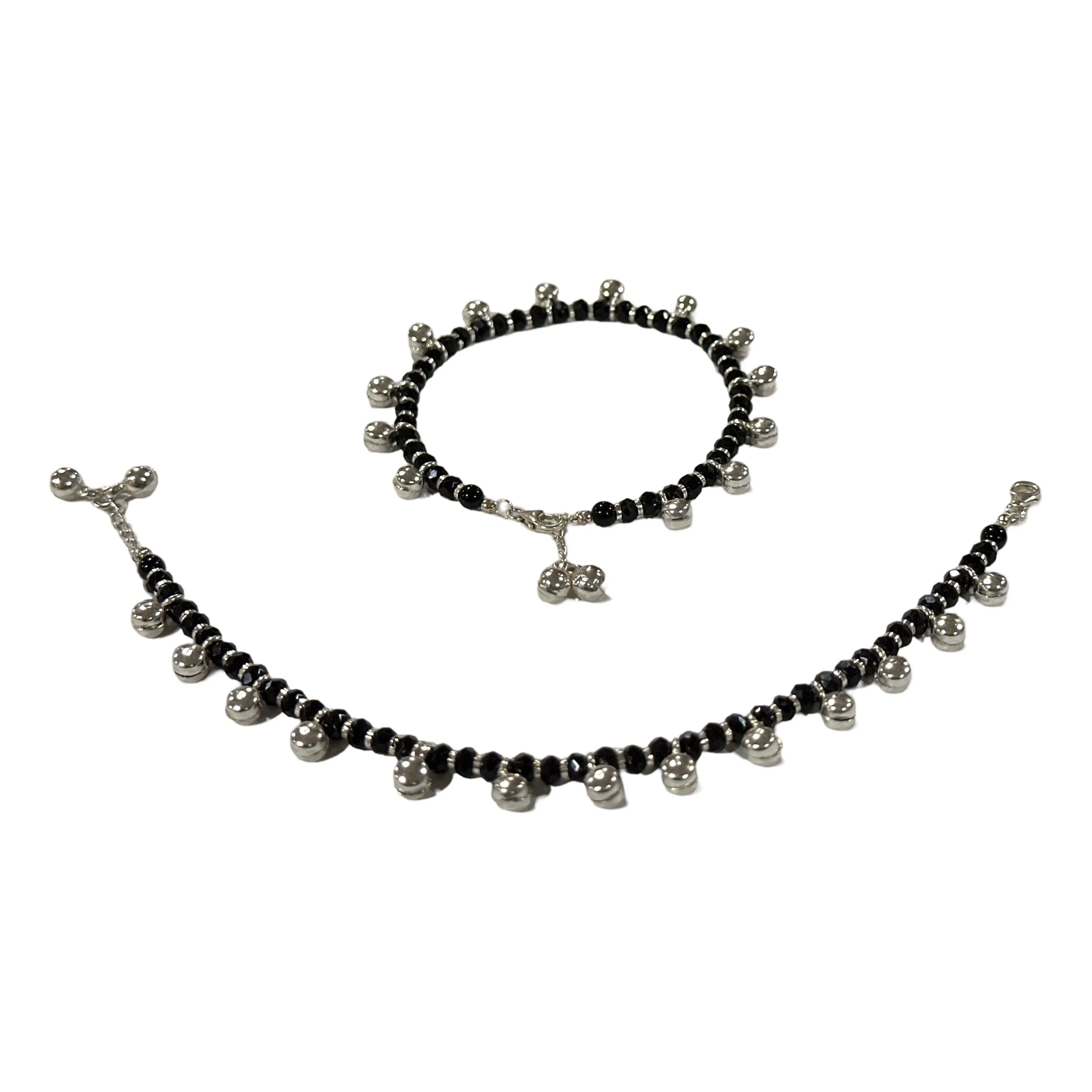 925 Sterling Silver Black Beads Najariya Anklet  - Style#04