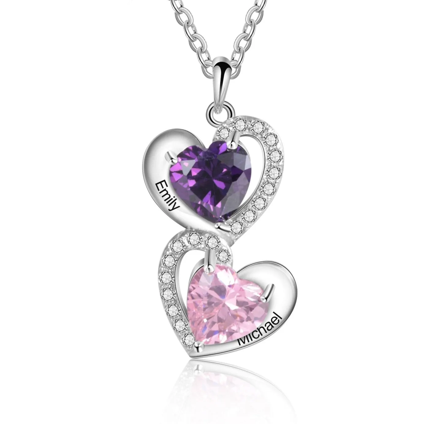 925 Sterling Silver Heart Necklace with 2 Birthstone Cubic Zirconia Custom Name Pendant