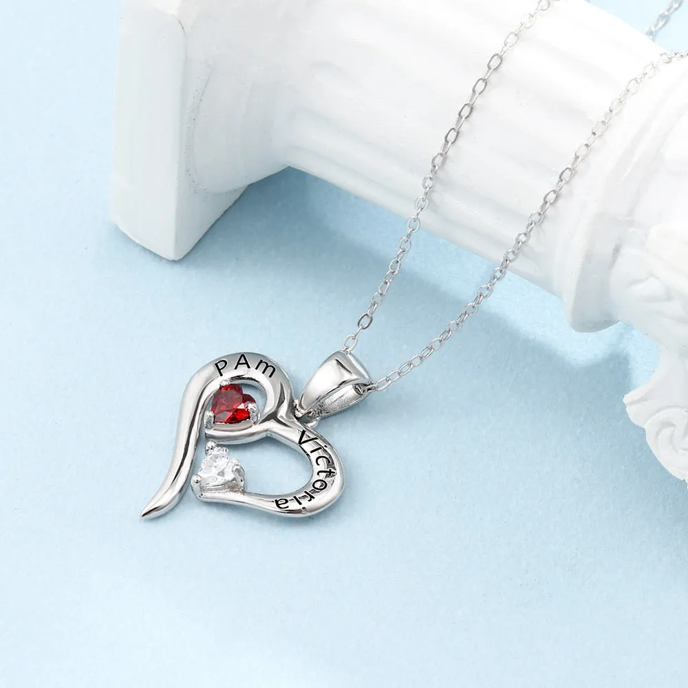 925 Sterling Silver Heart Necklace with 2 Birthstones Custom Engrave Name Pendant