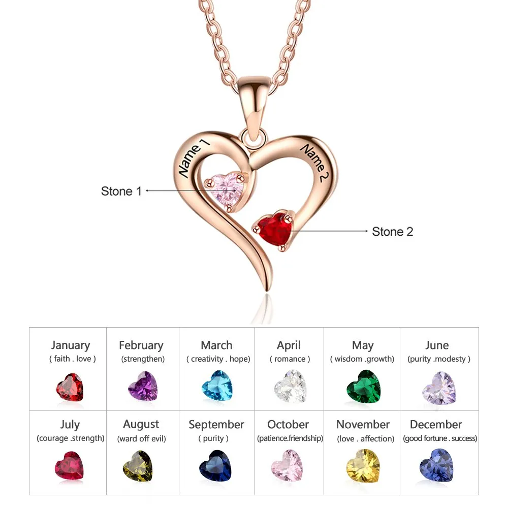 925 Sterling Silver Heart Necklace with 2 Birthstones Custom Engrave Name Pendant