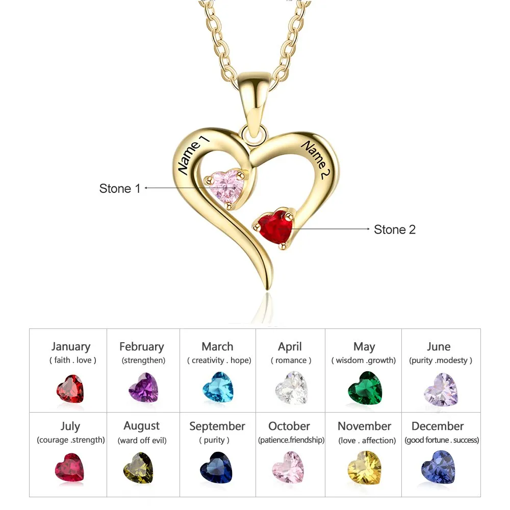 925 Sterling Silver Heart Necklace with 2 Birthstones Custom Engrave Name Pendant