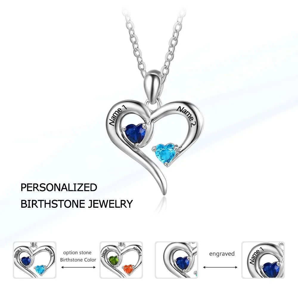 925 Sterling Silver Heart Necklace with 2 Birthstones Custom Engrave Name Pendant