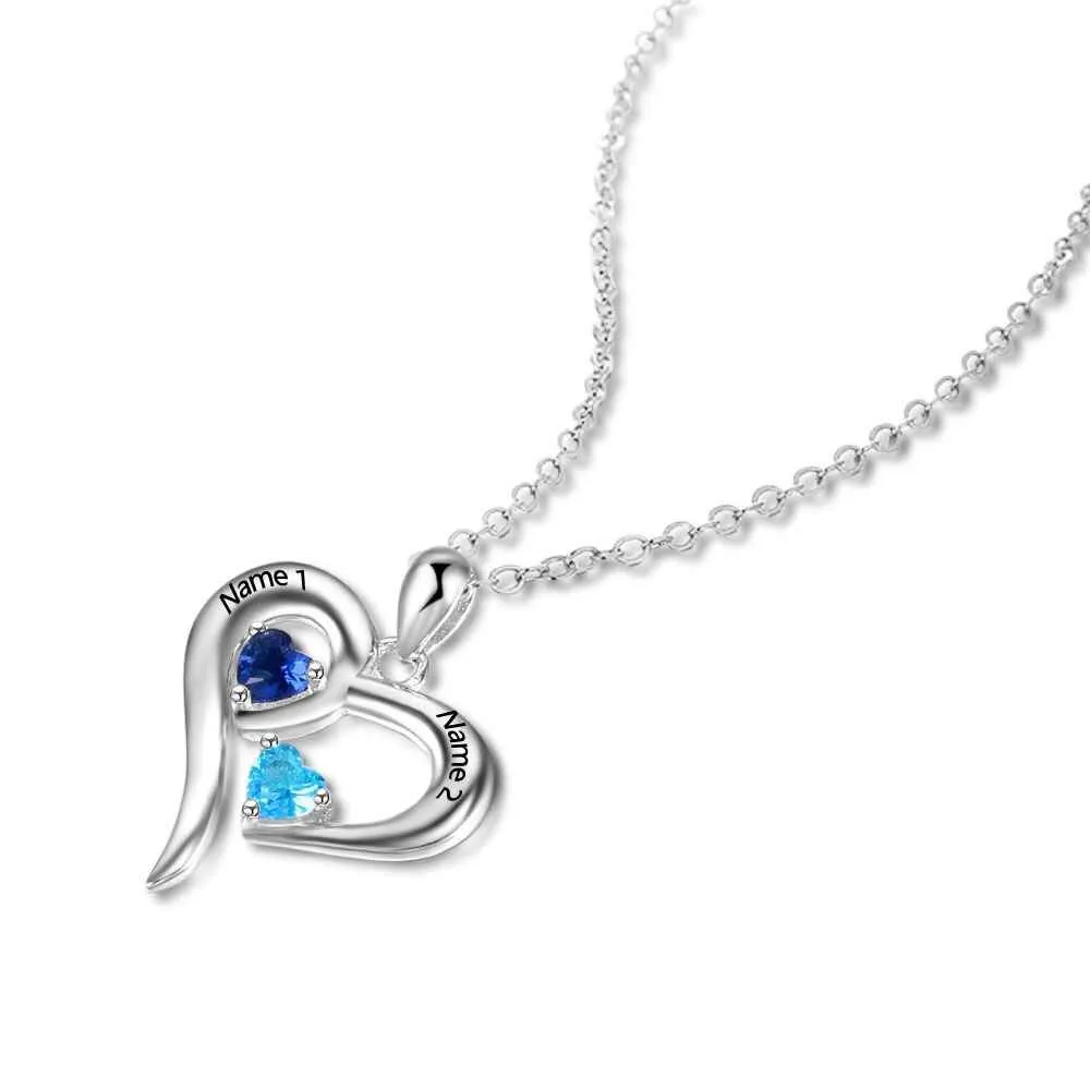 925 Sterling Silver Heart Necklace with 2 Birthstones Custom Engrave Name Pendant