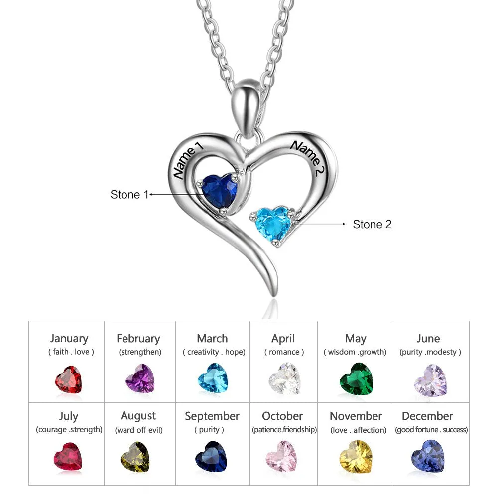 925 Sterling Silver Heart Necklace with 2 Birthstones Custom Engrave Name Pendant