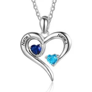 925 Sterling Silver Heart Necklace with 2 Birthstones Custom Engrave Name Pendant