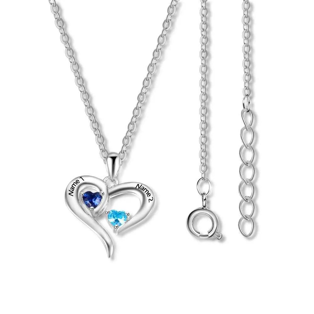 925 Sterling Silver Heart Necklace with 2 Birthstones Custom Engrave Name Pendant