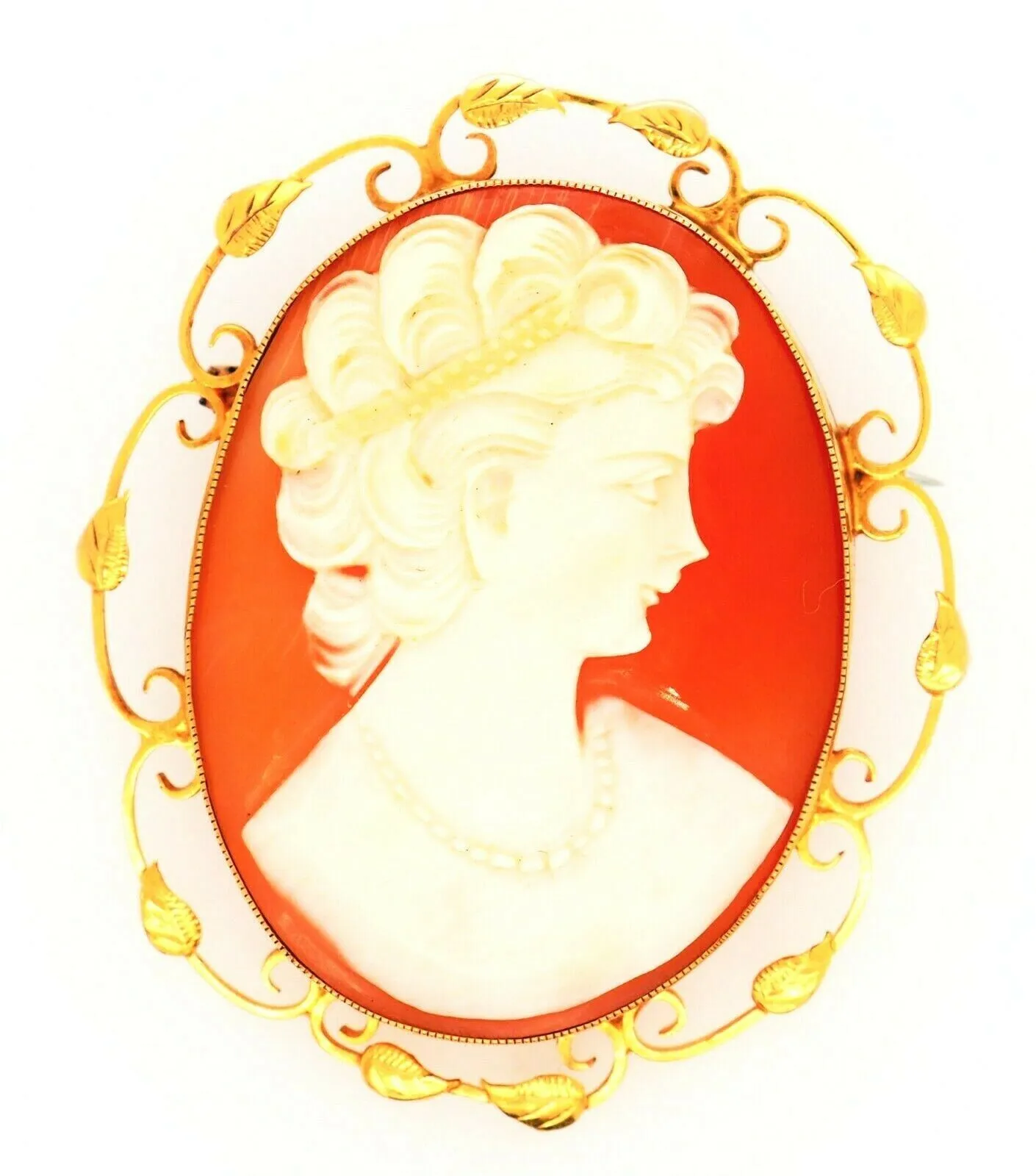 9ct Yellow Gold Shell Cameo Brooch with Scroll Wire & Leaf Surround