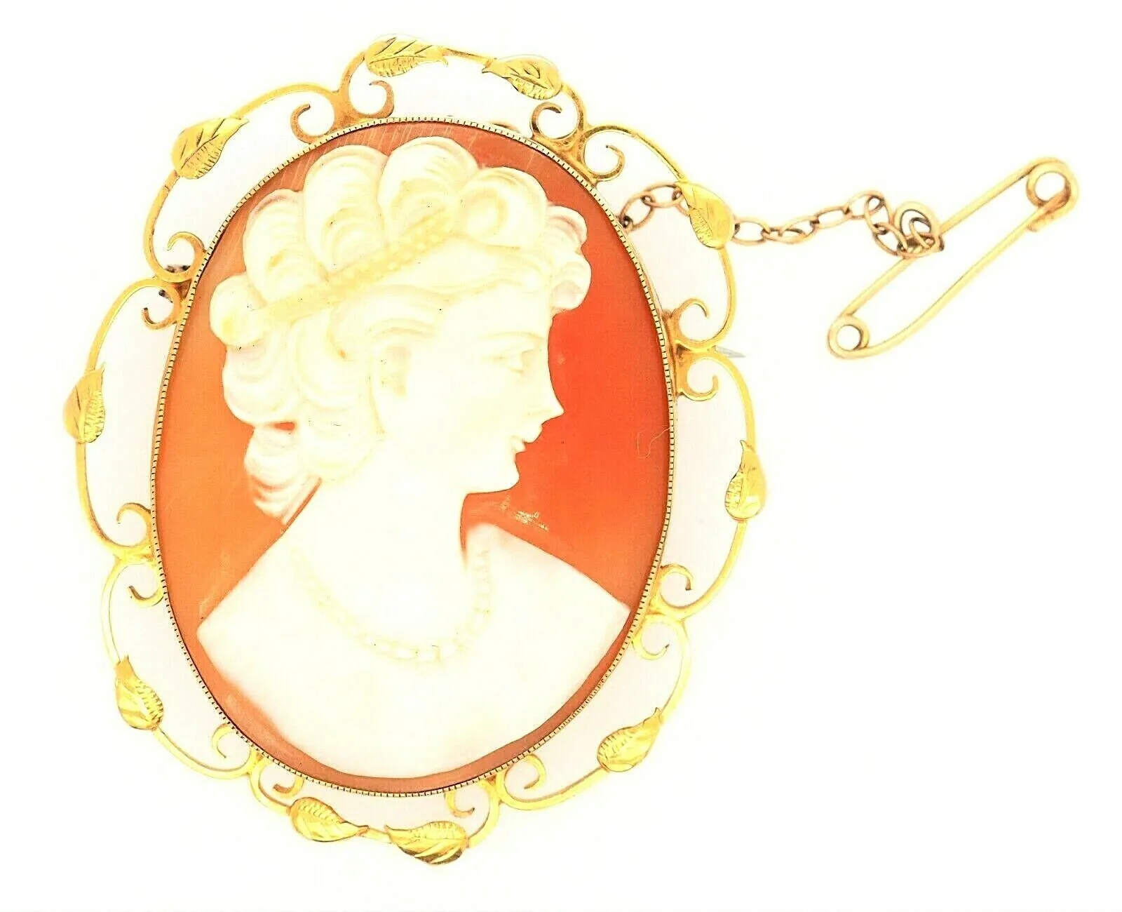 9ct Yellow Gold Shell Cameo Brooch with Scroll Wire & Leaf Surround