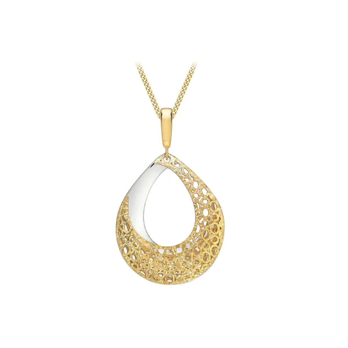 9K 2-Coloured Gold Teardrop Fretwork Drop Pendant