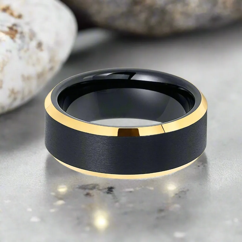 AERGLO | Black Tungsten Ring, Brushed, Gold Beveled Edges