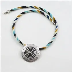 Big Silver Pendant on Multi-colored Leather Necklace