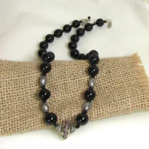 Black Onyx Beaded Necklace with Silver Accent Handmade