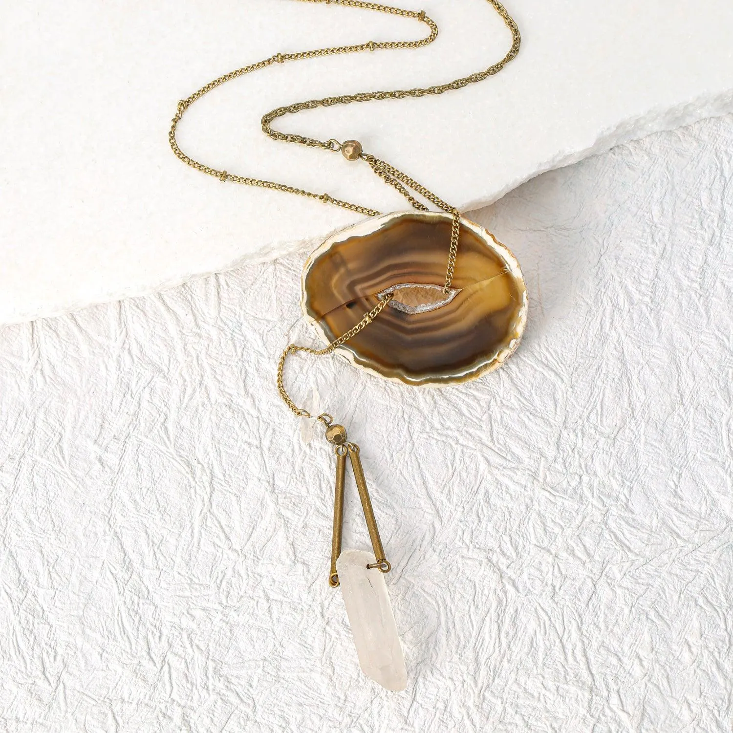 Boho Agate Healing Crystal Pendant Necklace with Bronze Tone Metal Lariat Design