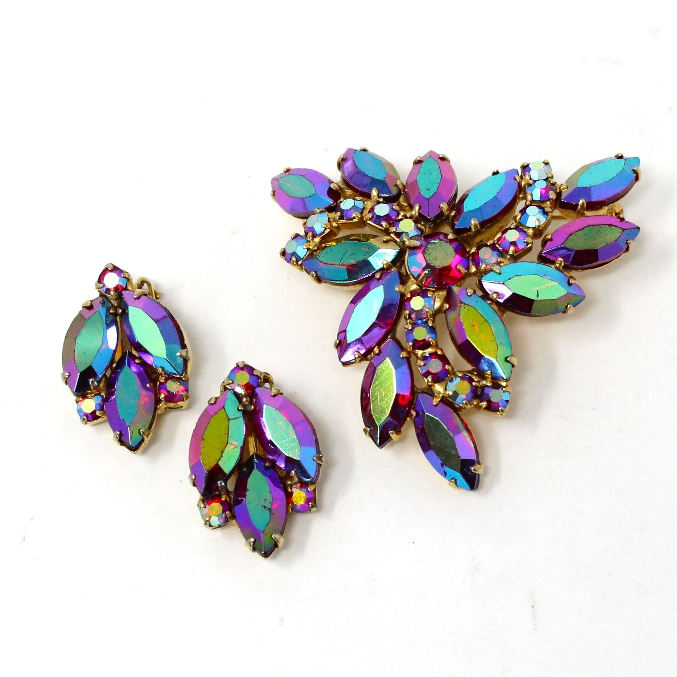 Brooch / Pin and Earrings Set, Peacock Aurora Borealis Rhinestones, Vintage