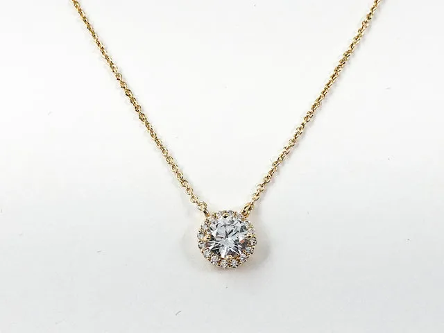 Classic Round Halo Design CZ Pendant Brass Necklace